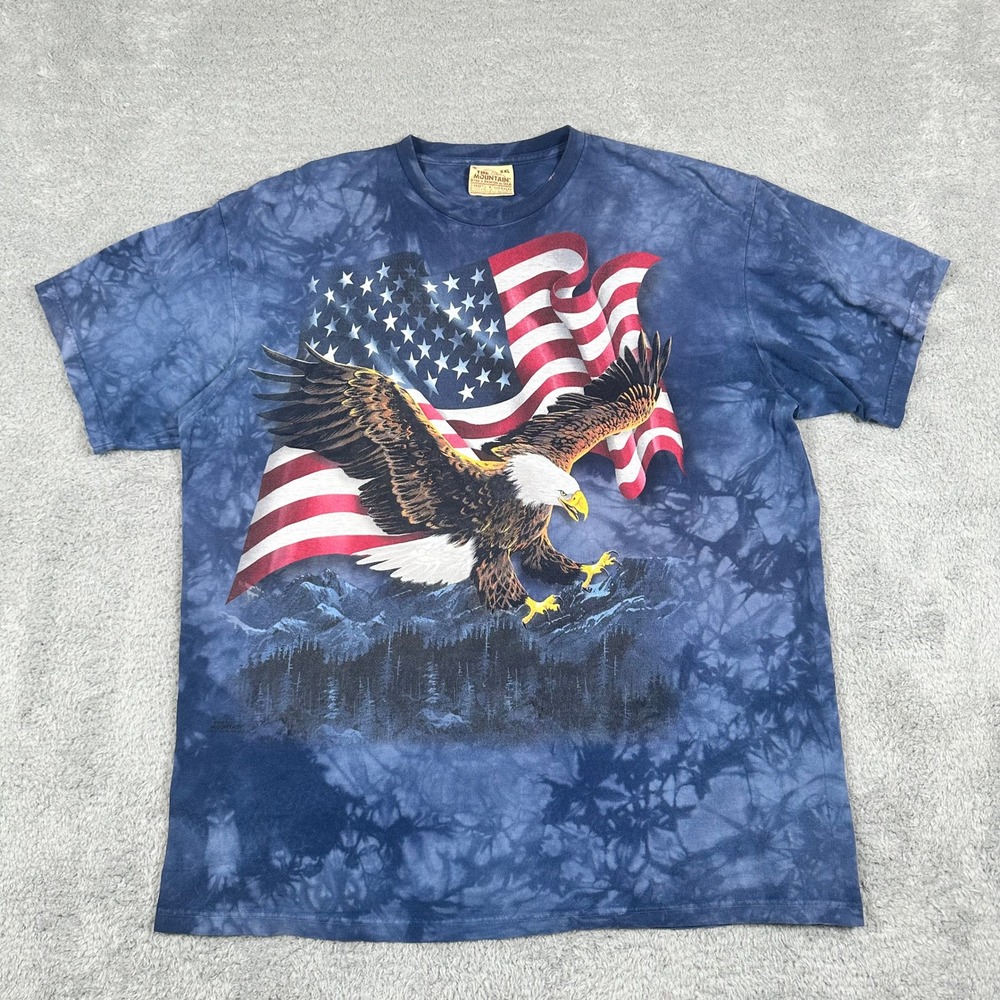 Vintage The Mountain Mens XXL‎ Blue Tie Dye Bald Eagle American Flag T-Shirt 90s